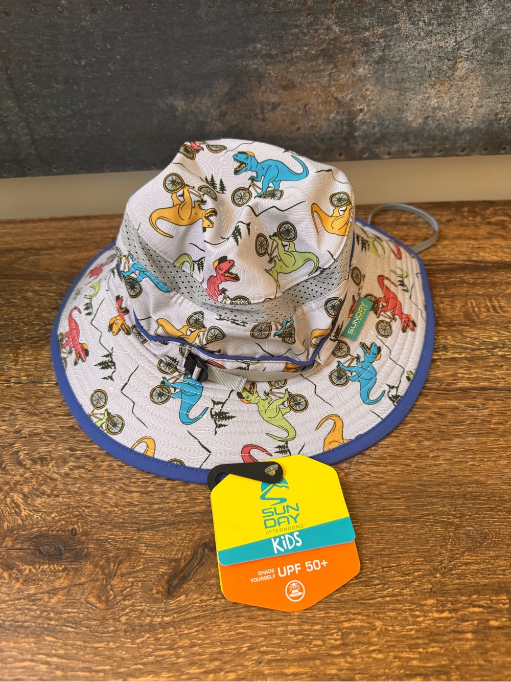Sun Day Kids White Dinosaur Print Bucket Hat with Blue Trim